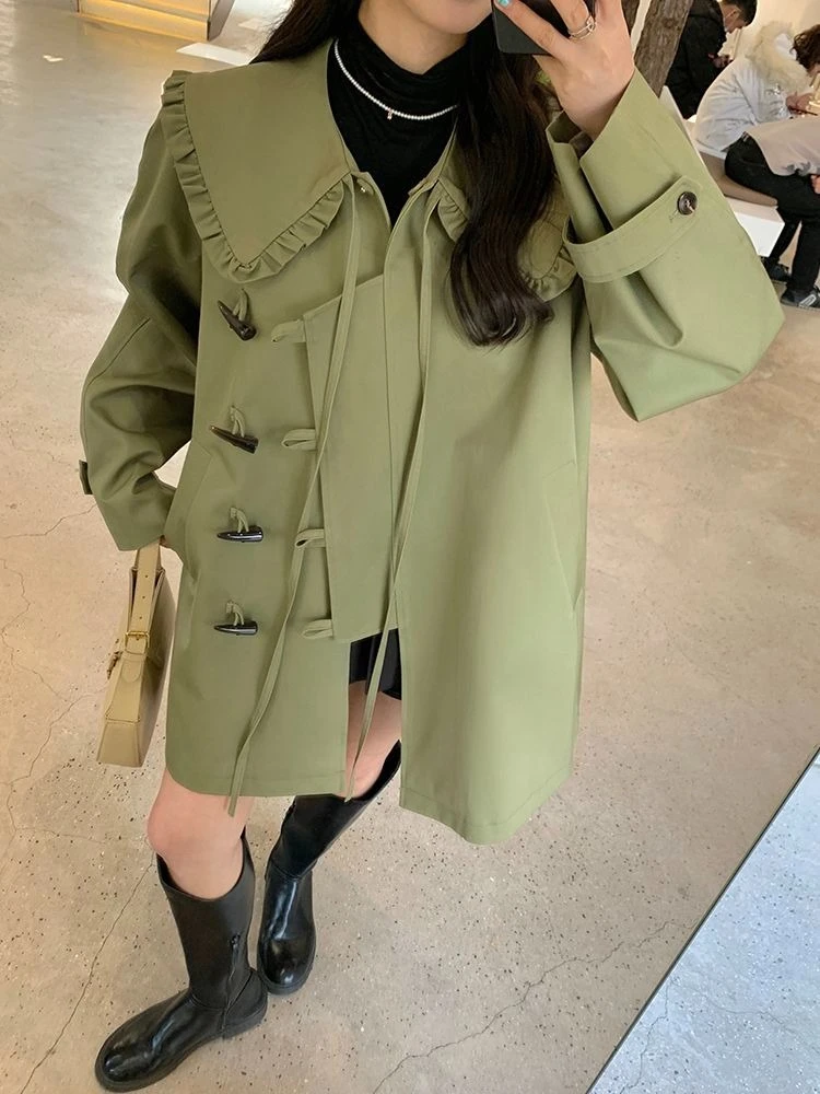 

2025 Spring Fall New Korean Style Loose Casual Trench Coat for Petite Women Cow Horn Button Wood Ear Edge Mid Length Design