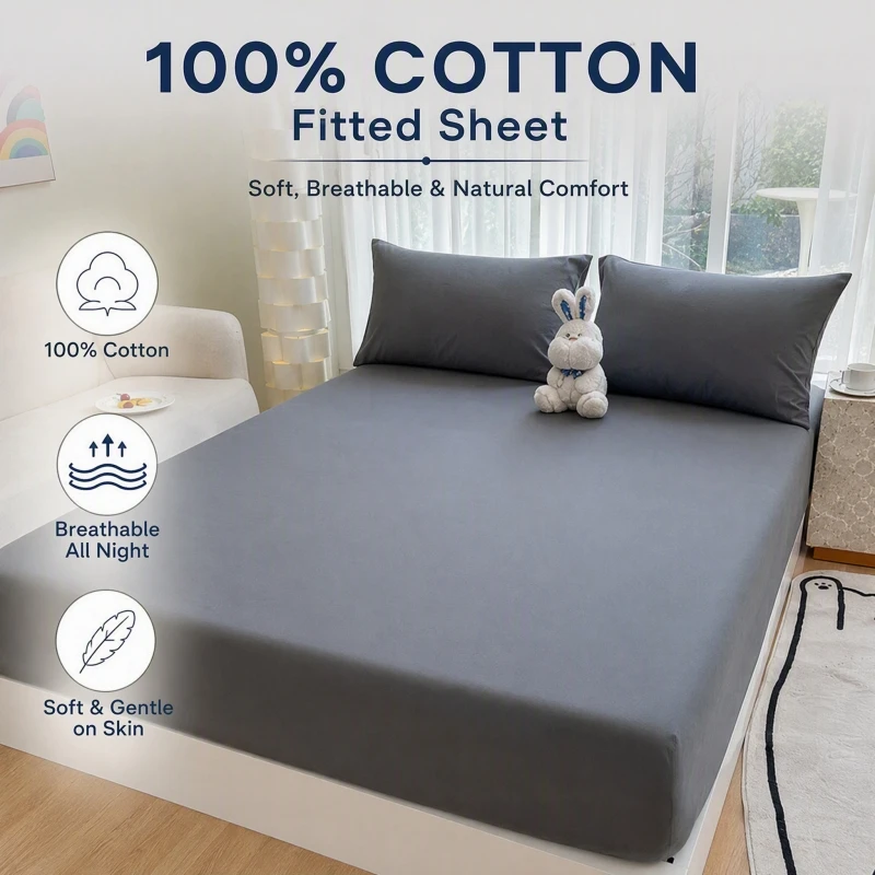 100% Cotton Bed Sheets Elastic Fitted Sheet Fitted Single Double Bed Sheet Couple's Mattress Cover King Queen Full Twin Size