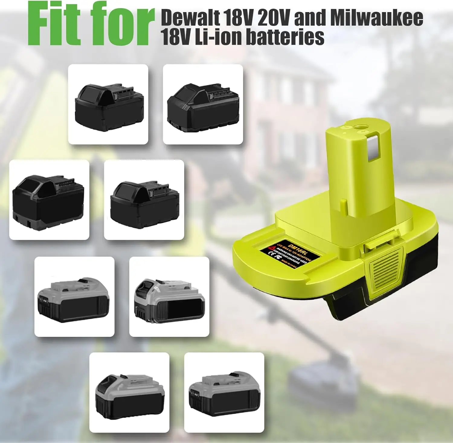 DM18RL Batterieadapter zur Umwandlung von Dewalt/Milwaukee 20V/18V Li-Ionen-Akkus in Ryobi 18V P108 ABP1801, USB-Anschluss, Schwarz/Grün – Detail 4