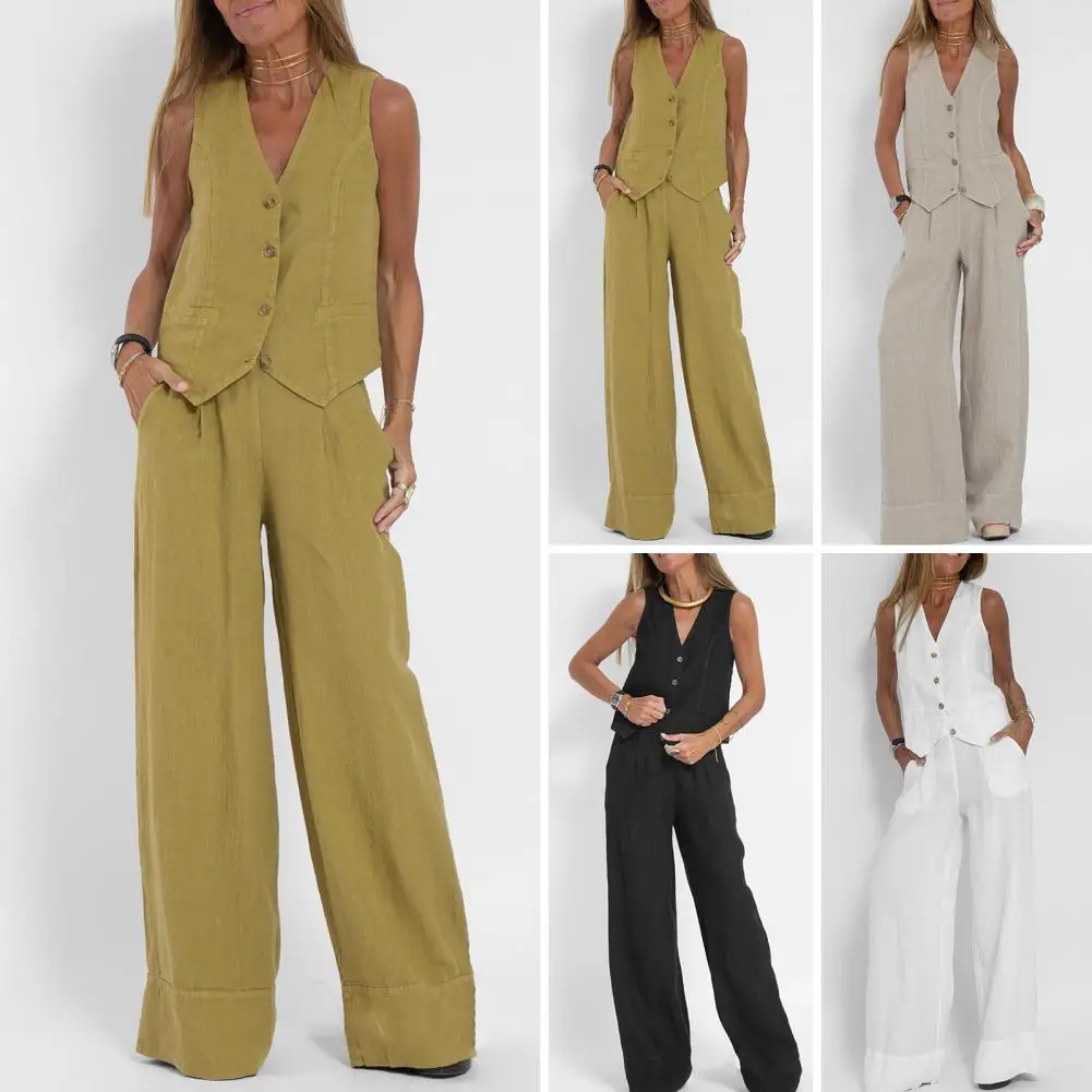 

Casual Style Suit Set Stylish Women's Cotton Linen Suit Set with Sleeveless Vest Wide Leg Pants for Office or Casual Wear