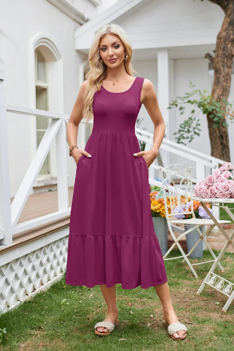 Women's Flowing Maxi Dress Long Beach Dresses Sleeveless Square Collar Pleated Swing Sundress Casual Outfits Pockets