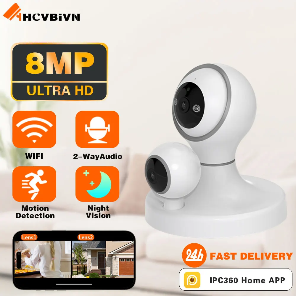 

8MP WiFi Surveillance Camera Dual Lens Dual Screens Indoor Wireless 360° HD Video Security IP Cameras Smart Home Baby Monitor