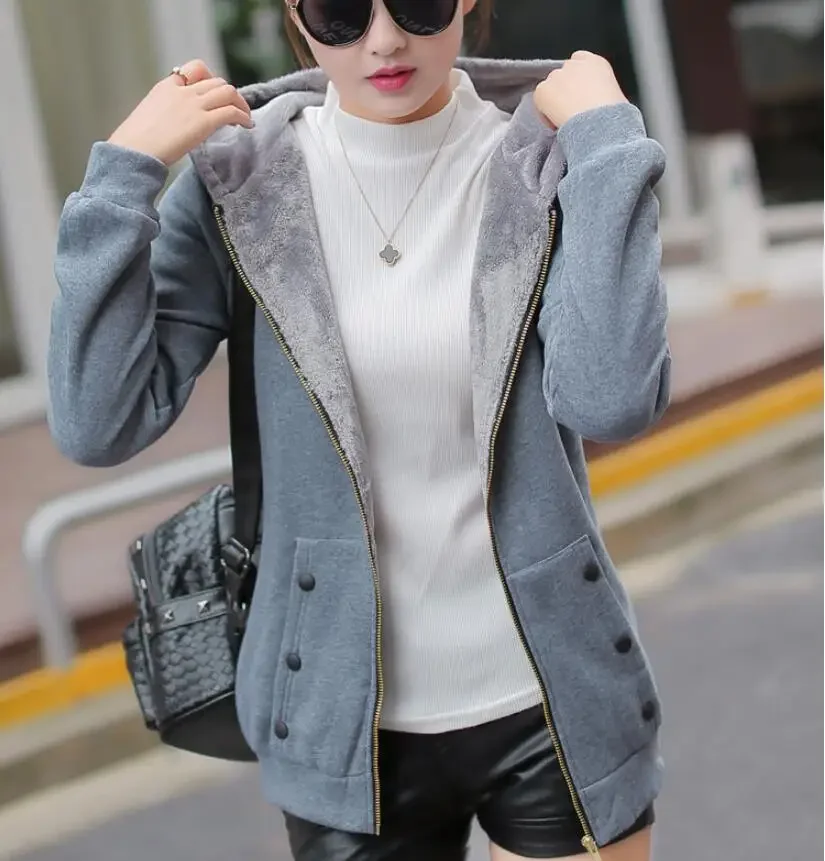 Women Hoodies Sweatshirt Casual Coat Large Size Ladies Velvet Thickening Warm Hooded Zipper Jacket Cardigan Jacket For Female