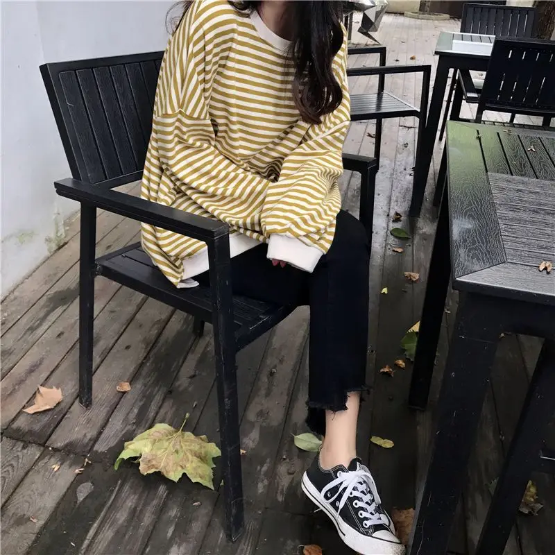

Women Clothes Fashion Striped Contrast Colors Thin O-neck Autumn Tops 2025 Korean All-match Oversized Pullovers Loose T-shirt