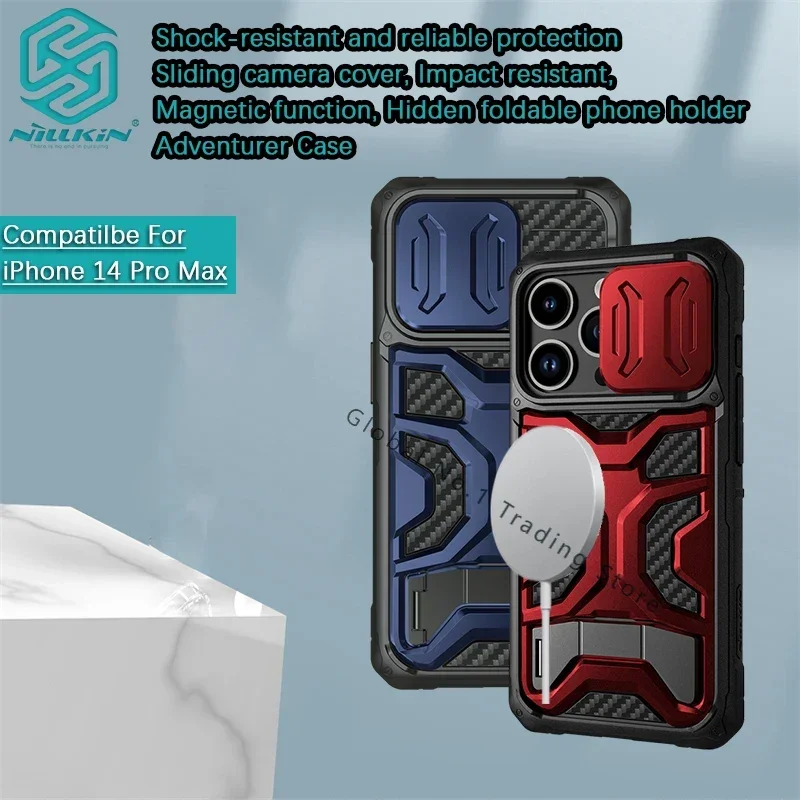 for iPhone 14 Pro Max/14+/14 Plus Nillkin Adventurer Pro Magnetic Case Lens sliding cover and sliding window phone shell support