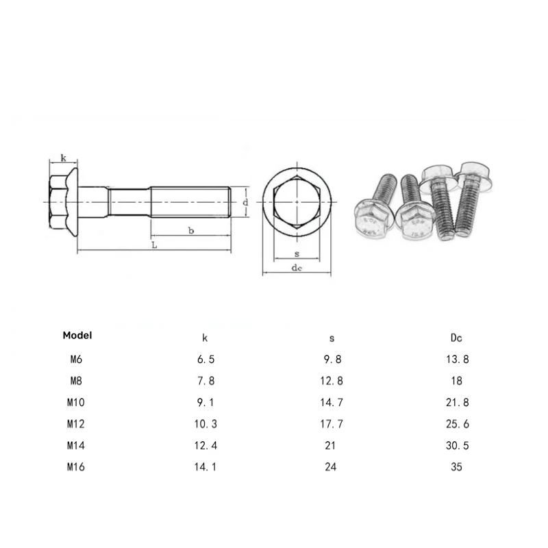 1~5pcs M6 M8 M10 M12 M14 M16 Hexagon Flange Screws Bolt Hex Flange Cap Screws Fastener Grade 10.9 Black Carbon Steel