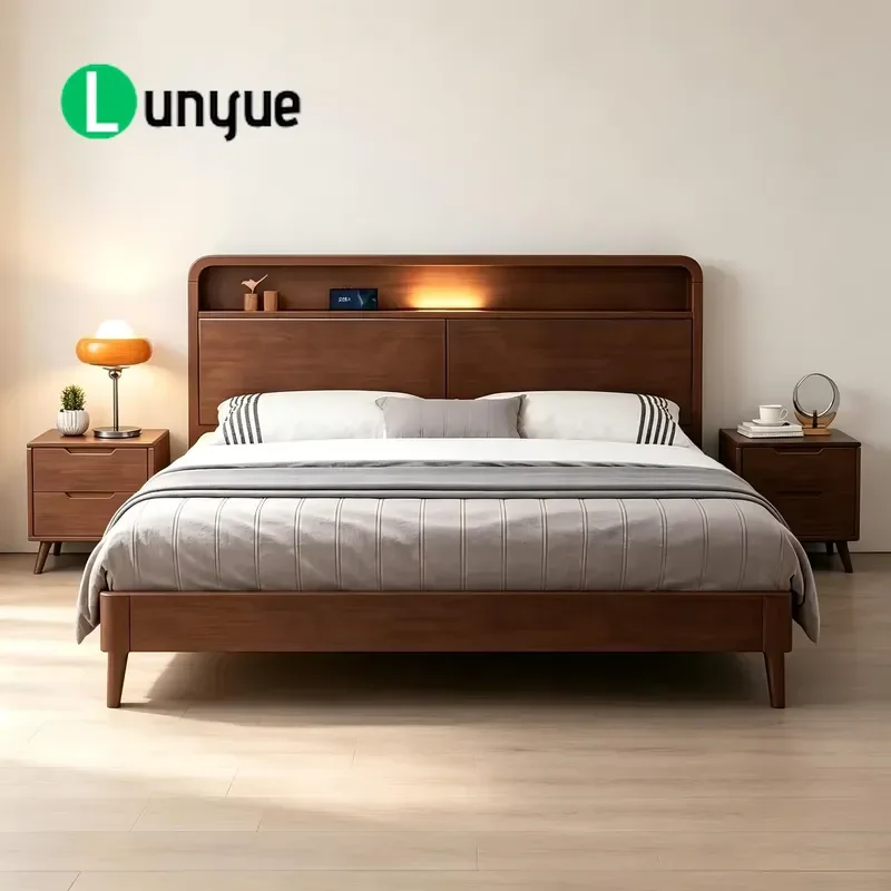 Modern Wooden Double Platform Bed Set Simple Log Design Eco Friendly Durable Comfortable Bedroom Furniture
