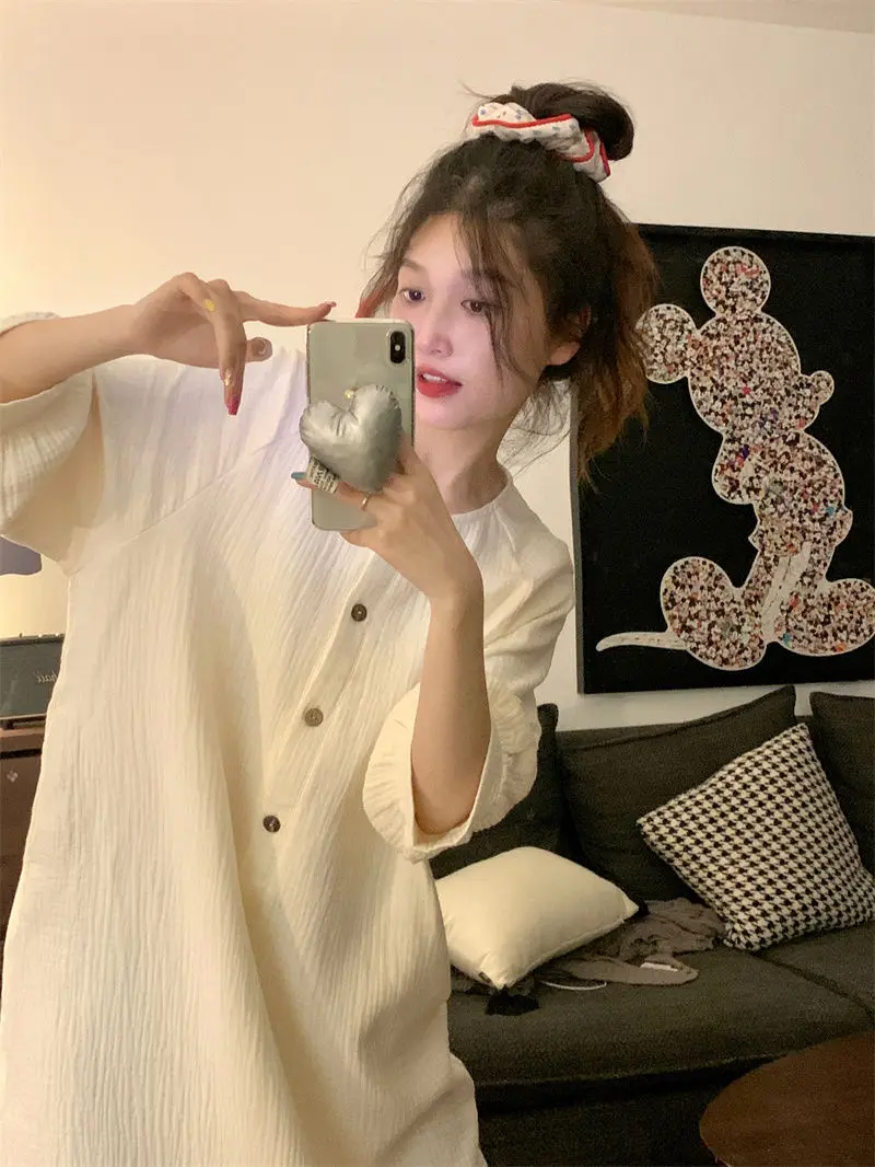 Long Nightgowns Women Elegant Chic Loose Fashion Button Design Basic Spring Soft Sleepwear Simple Schoolgirls O-neck Home Korean