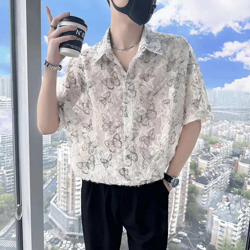 Men's Butterfly Print Shirt Summer Loose Fit Half Sleeve Lapel Top Ice Silk Solid Color Designer Streetwear Casual Button Down