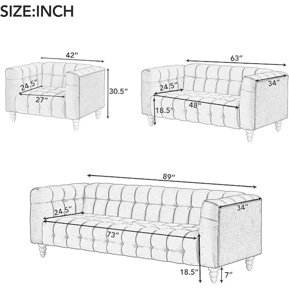 Living Room Furniture, Loveseat and Single Chair with Solid Wood Legs,Button-Down Tufted Backrest, Velvet Upholstered Sofa Set