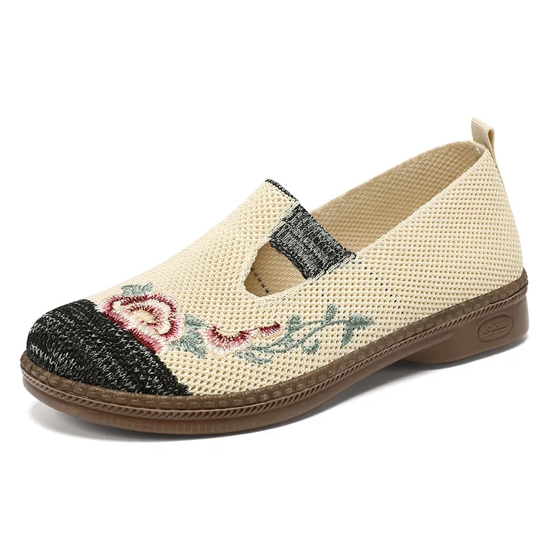 Comfy Chinese Traditional Flats No Lace Yoga Shoes Women's Street Shoes Knitting Embroidery Flower Low Heels T-strap Breathable