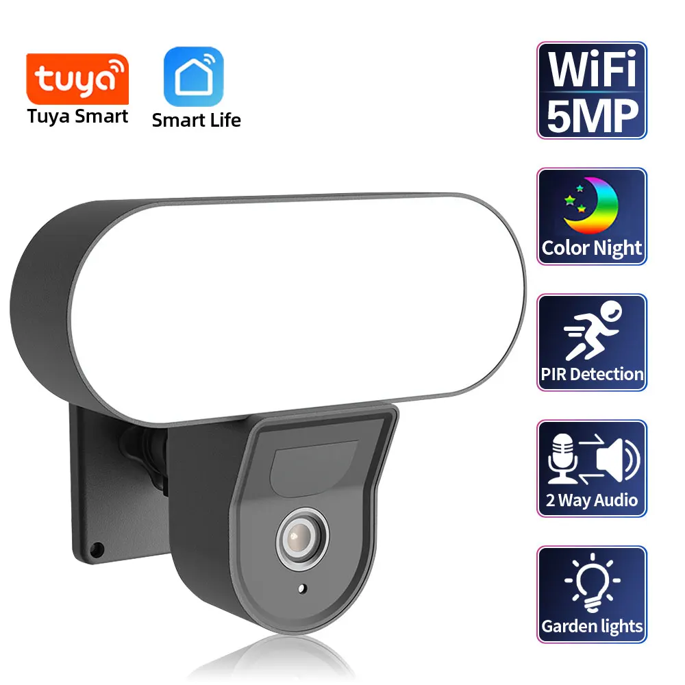 

Tuya Smart 5MP 2 Way Audio Floodlight Wifi Camera Outdoor Color Night Vision Wall Lamp Camera Security Video Surveillance IP Cam