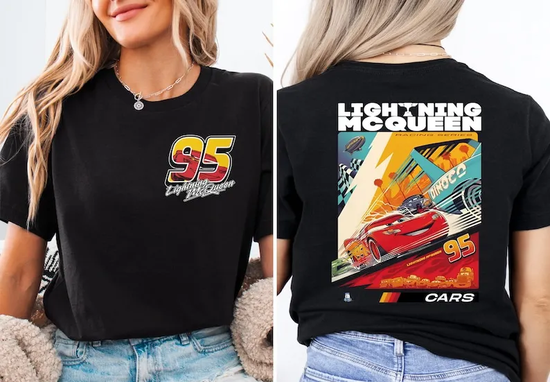 

Disney 2025 Lightning Mcqueen Cars Galaxy Women Front Back Two Sides T Shirts Funny Tees Short Sleeve O Neck T-Shirts Cotton