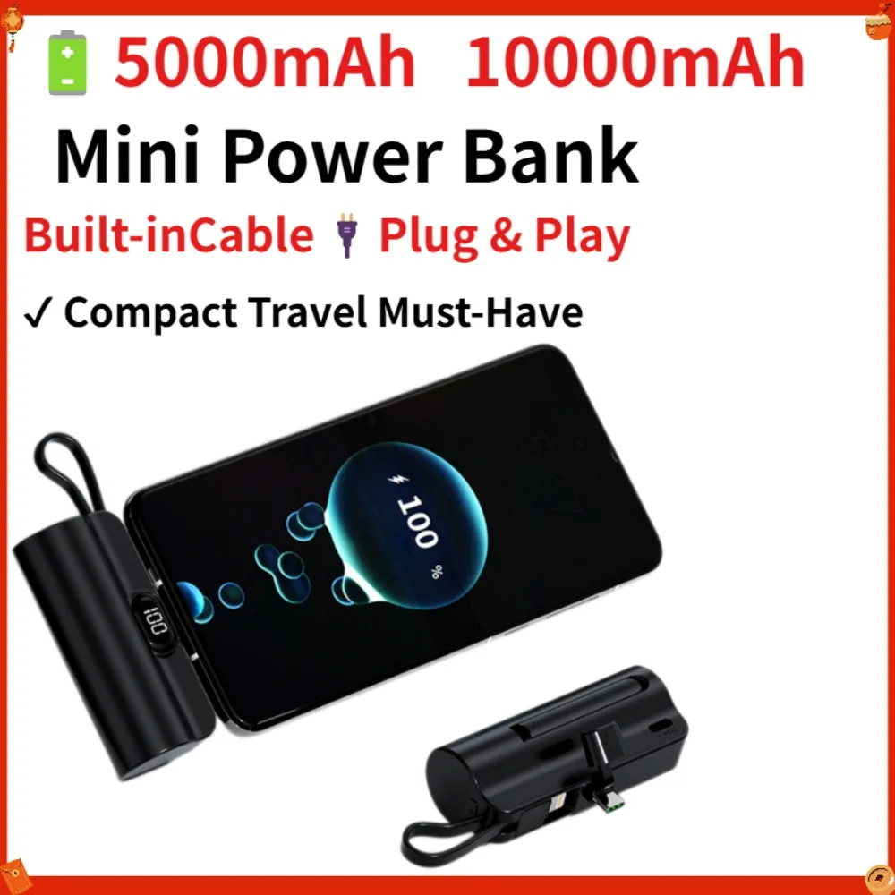 10000mAh Mini Power Bank Built-in Cable Portable Charger 22.5W Fast Charging Compact Plug-in Travel Must-Have for iPhone Samsung