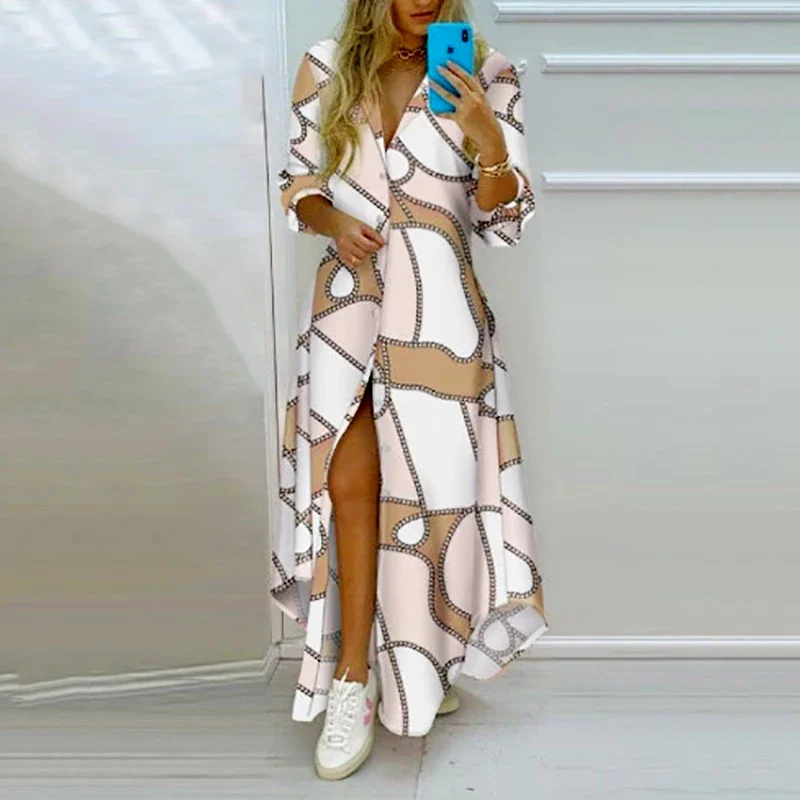 Summer Women Boho Printed Long Shirts Elegant Sexy Turn Down Collar Long Sleeve Female Casual Split Shirt Evening Long Dress