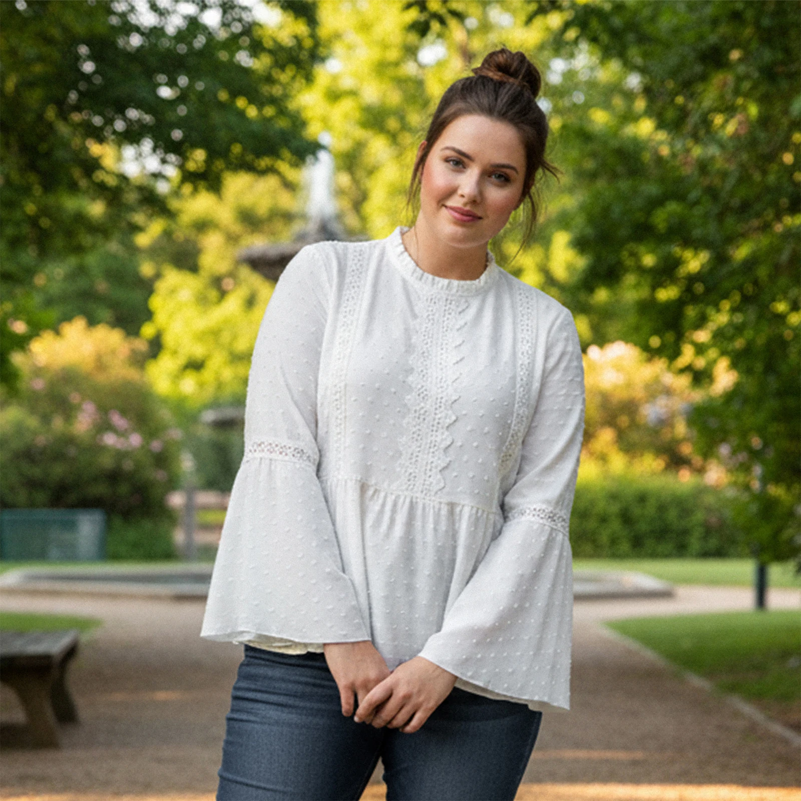 2026 ربيع مثير المرأة حجم كبير تي شيرت أنيق كم طويل طاقم الرقبة النقاط المرقعة السيدات الخريف سليم بلوزات بيضاء الشارع الشهير