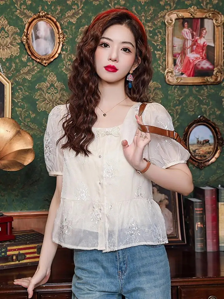 

Рубашки с коротким рукавом, женские рубашки с вышивкой, топ с воздушными шарами и рукавами, школьный простой элегантный художественный студенческий молодежный студенческий костюм