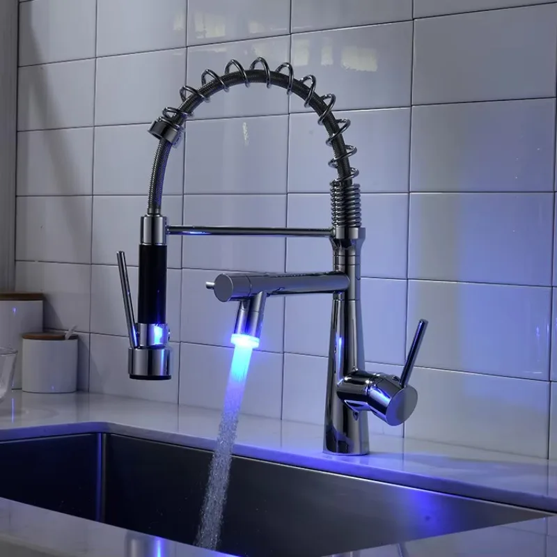 

Water Tap Faucet Kitchen Stainless Steel Ceramic Led Double Outlet Dual Handle Plating Contemporary Push Down 5 Years Pull Down