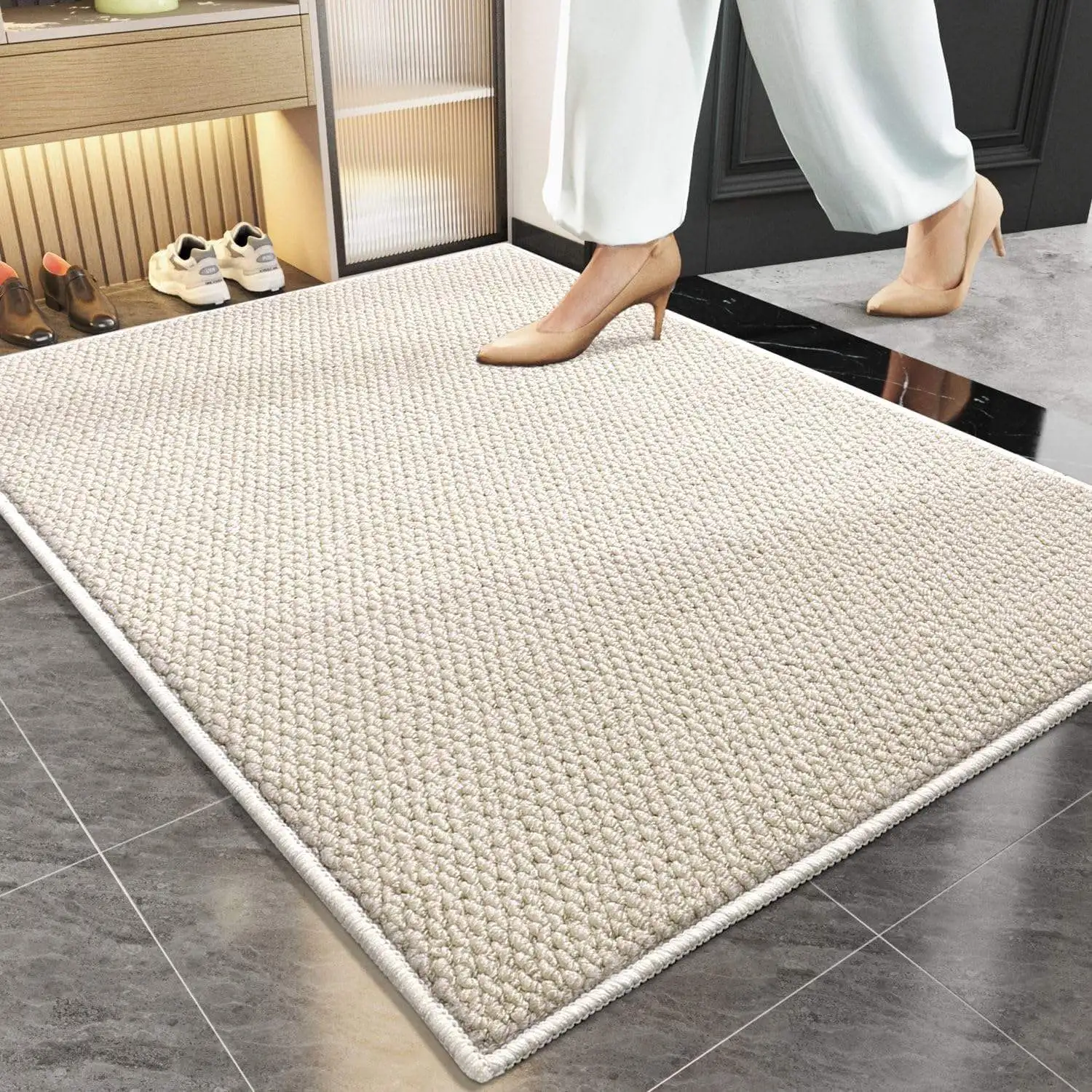 

Indoor Non Slip Washable Mat Cushioned Soft Absorbent Beige Rug for Kitchen Entrance Hallway