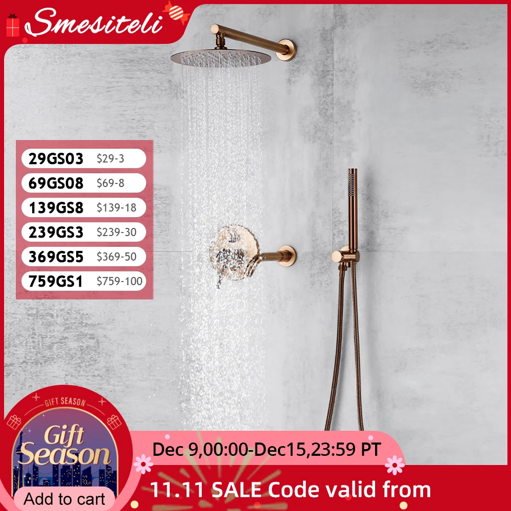 Bathroom Shower Faucet Brushed Rose Gold Smesiteli Brass 3 Way Diverter Valve Kit Hot & Cold Mixer Tap Tub Spout Hand Spray