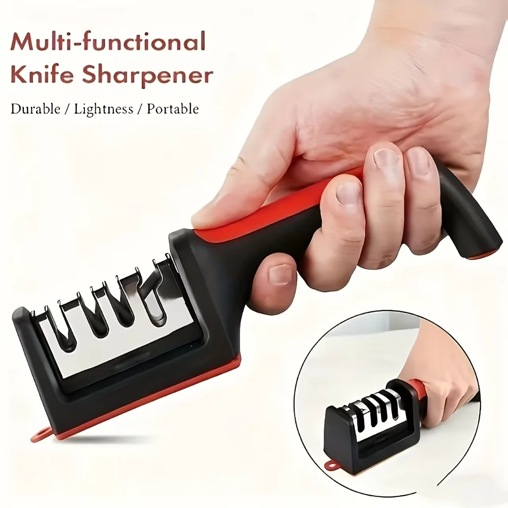 Manual Sharpener, 4-Stage Knife Scissor Sharpening Tool with Plastic Handle, Blade Repair Trimming Polishing Sharpener