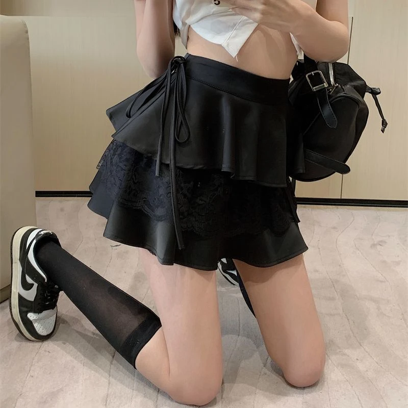 A-line Skirts Women Patchwork Lace Bandage Sweet Kawaii Girls Y2k All-match Gentle Stylish Summer Mini Safety Solid Streetwear