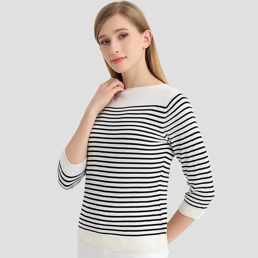 

Женский полосатый пуловер, легкий вязаный топ, рукав 3/4, вырез лодочкой, смесь шелка шелковицы, осень-зима