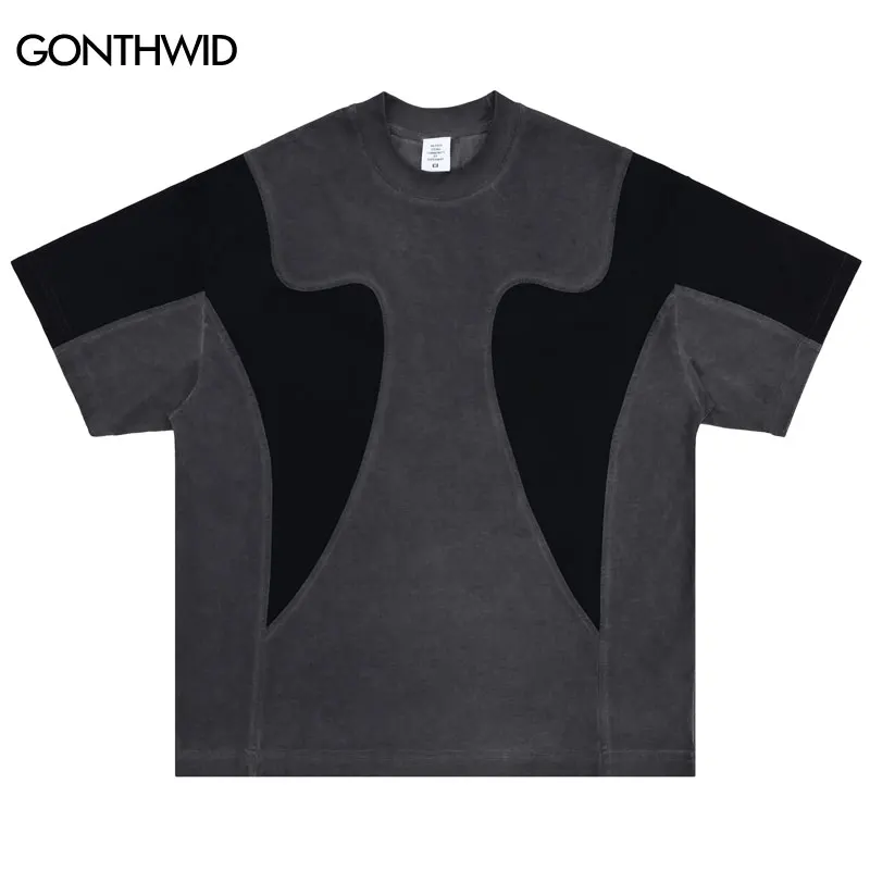 

Vintage Men Tshirt Y2K Hip Hop Patchwork Sports Washed T-Shirt Streetwear 2024 Men Harajuku Punk Gothic Loose Cotton Tops Gray