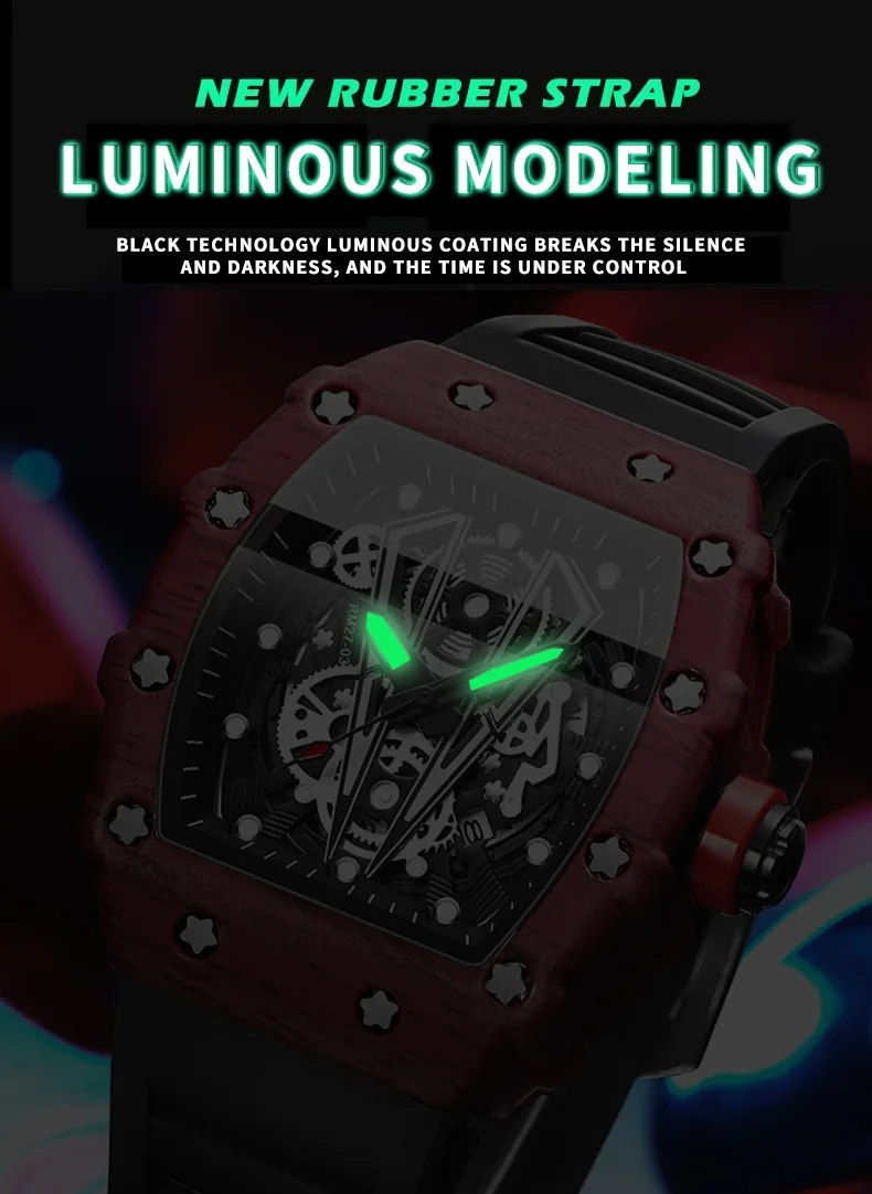 BINBOND 8577 Orologio da uomo Barilotto Specchio curvo Superficie cava Orologio sportivo impermeabile Orologio da uomo al quarzo in silicone