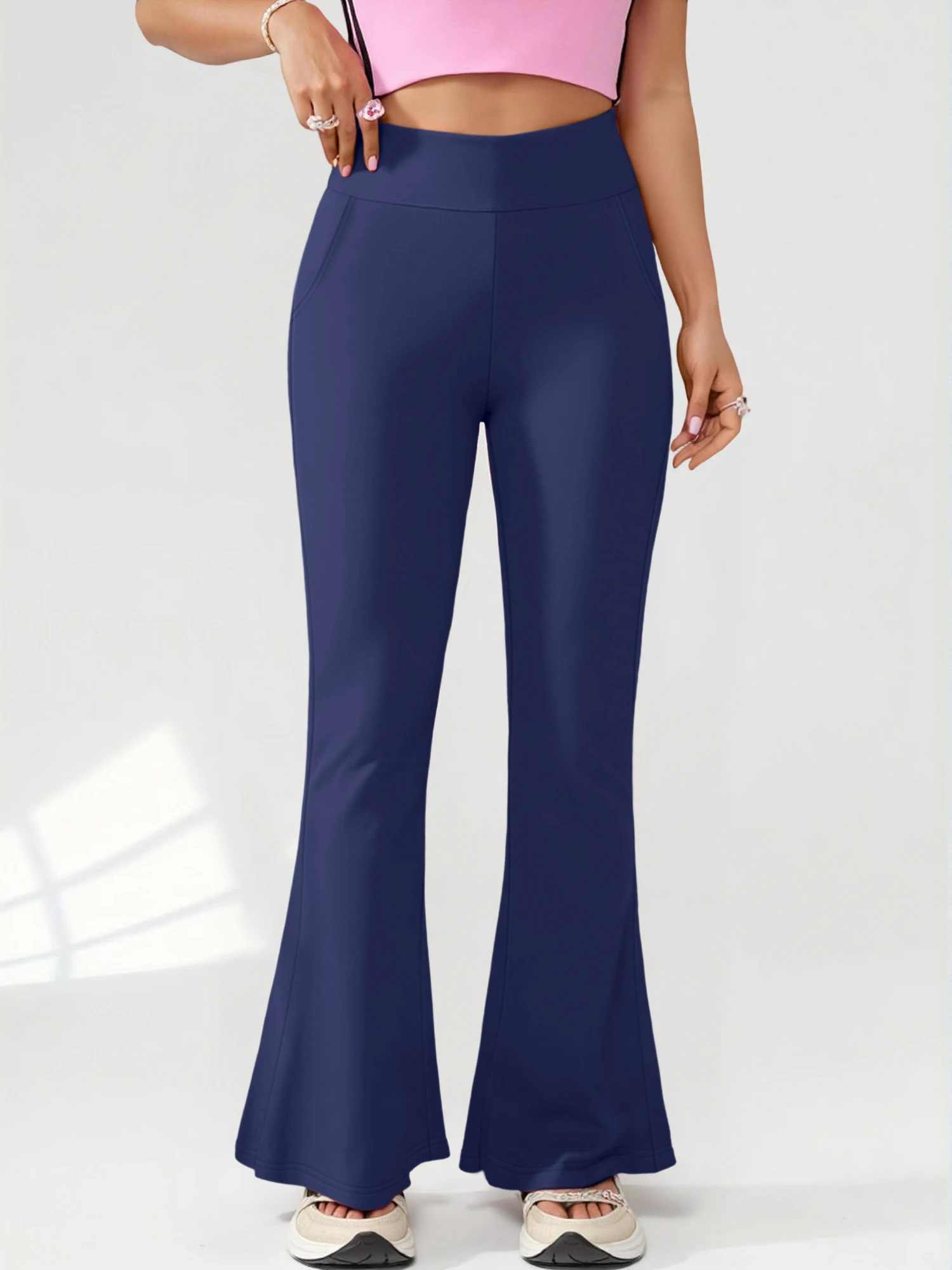 Women High Waist Flare Fitness Yoga Pants With Pockets Breathable Stretch Bell Bottom Training Lounge Trousers