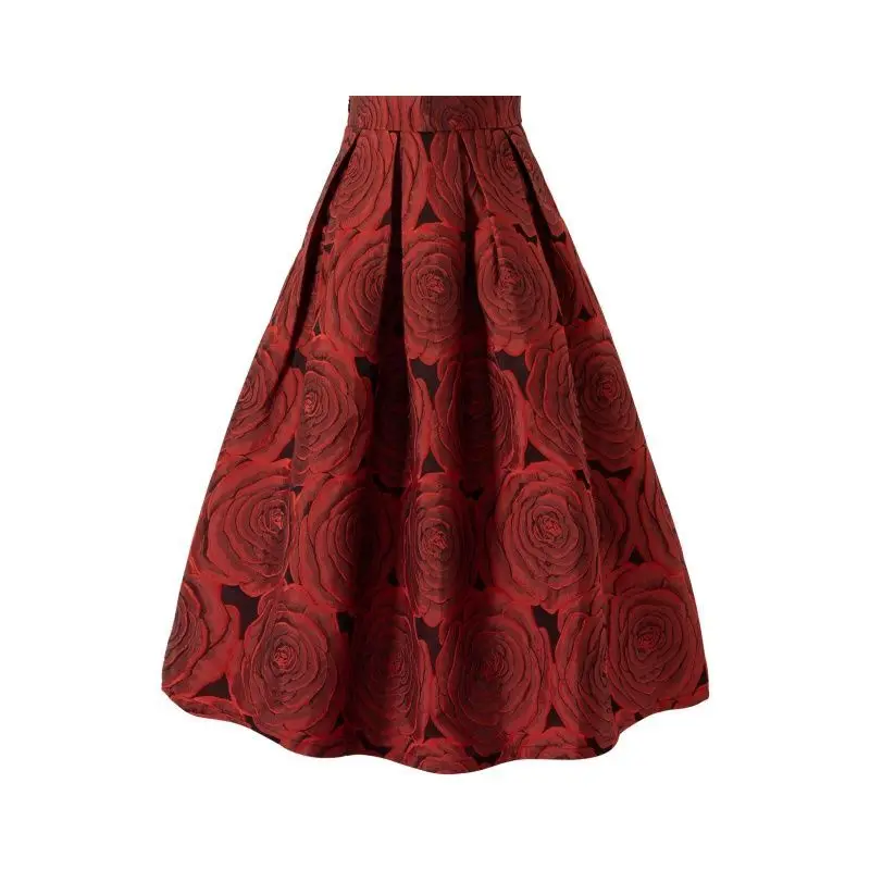 New Hepburn Vintage Elegant Women Red Flower Fashion Retro Floral Aesthetic Jacquard High Waist Long A-Line Pleated Skirt M152