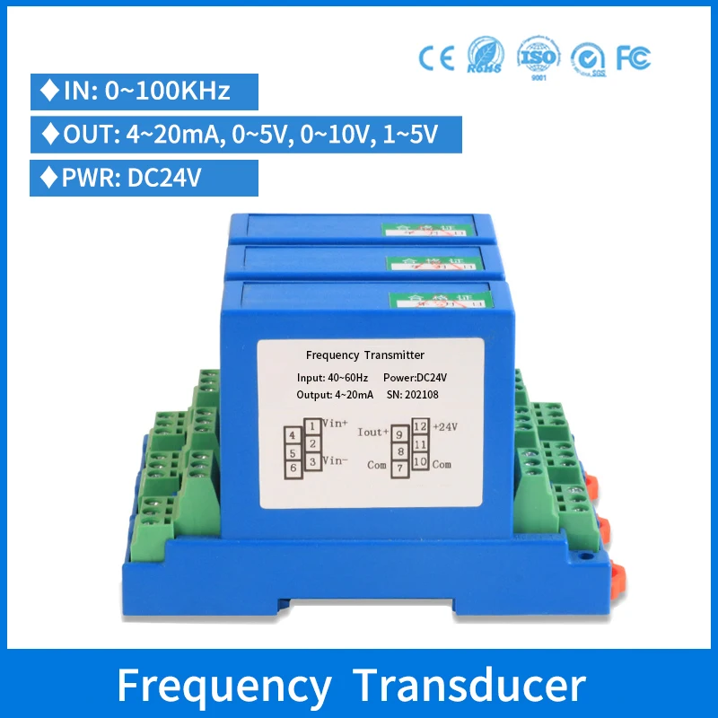 35mm DIN Rail Frequency Signal Transmitter 4-20mA 0-10V 0-5V 45-55HZ 40-60HZ 0-50HZ 1 in 1 Out Frequency Measuring Instrument