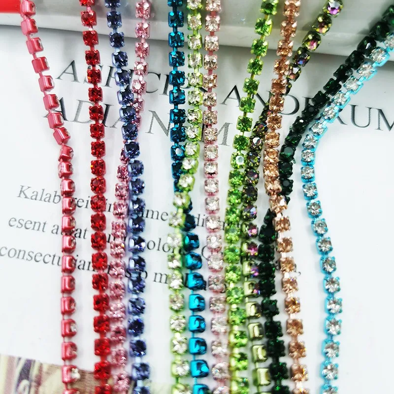 1.5-3mm 1yard colors Glass crystal Rhinestone Cup Chain Glitter Crystal Rhinestone Trimor Diy Garment Shoes Bags Decorations