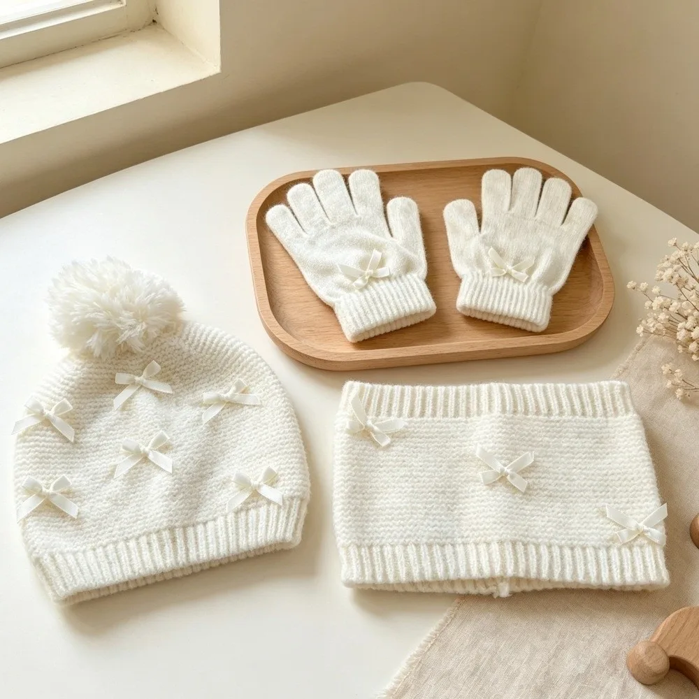 Cozy Bowknot Hat Neck Warmer Gloves Set Soft Solid Color Hat Scarf Gloves Kit Polyester Pink Kids Knitted Beanie Outdoor