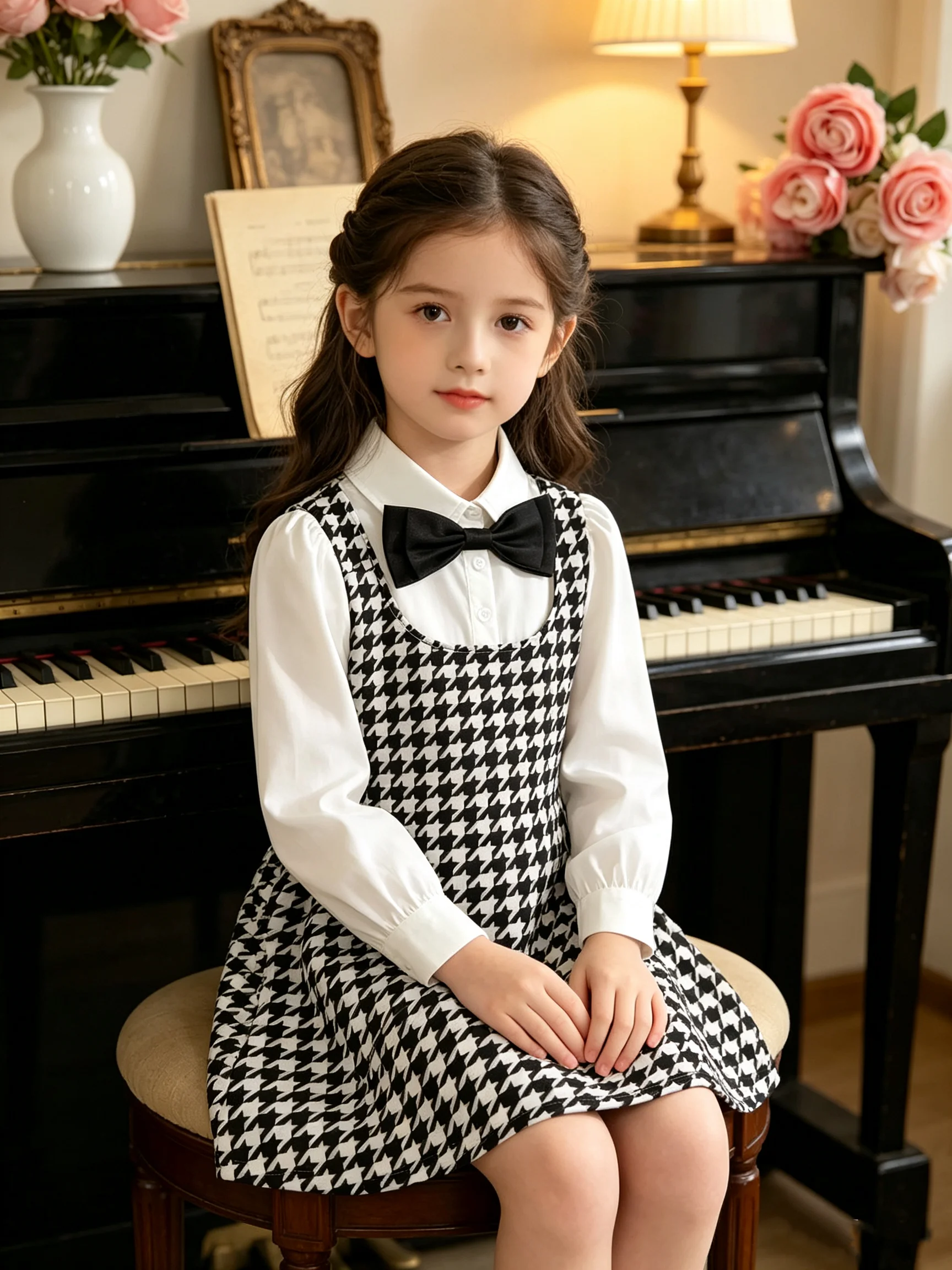 Langärmliges Mädchen-Hemdkleid mit Millennium-Gittermuster, Hosenträgern, Herbst-Revers, Knöpfen und Fake-Zweiteiler-Design, Kinderkleidung – Detail 2