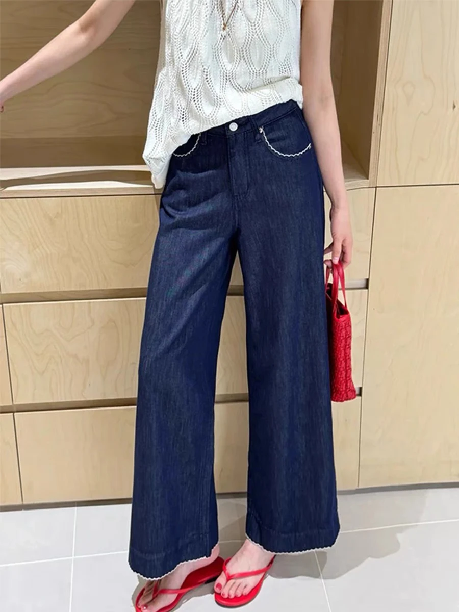 

Retro plus Size Skinny Blue Jeans Women's Summer Thin High Waist Loose Straight Leg Wide Leg Nine Point Pants