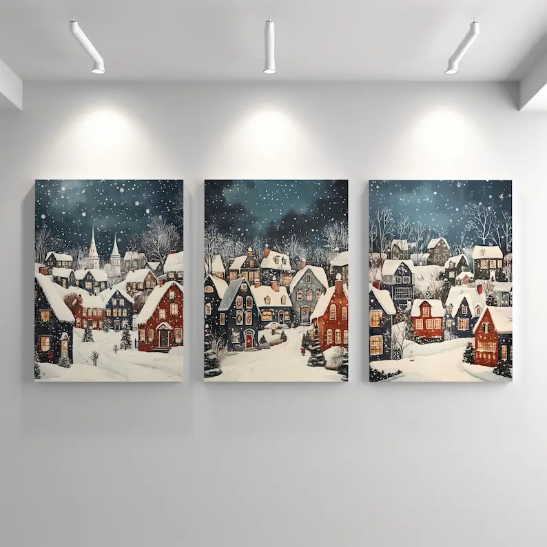 1/3pcs Christmas Eve Village Snow Canvas Print Winter Holiday Town Christmas Wall Art Poster for Modern Living Room Home Decor