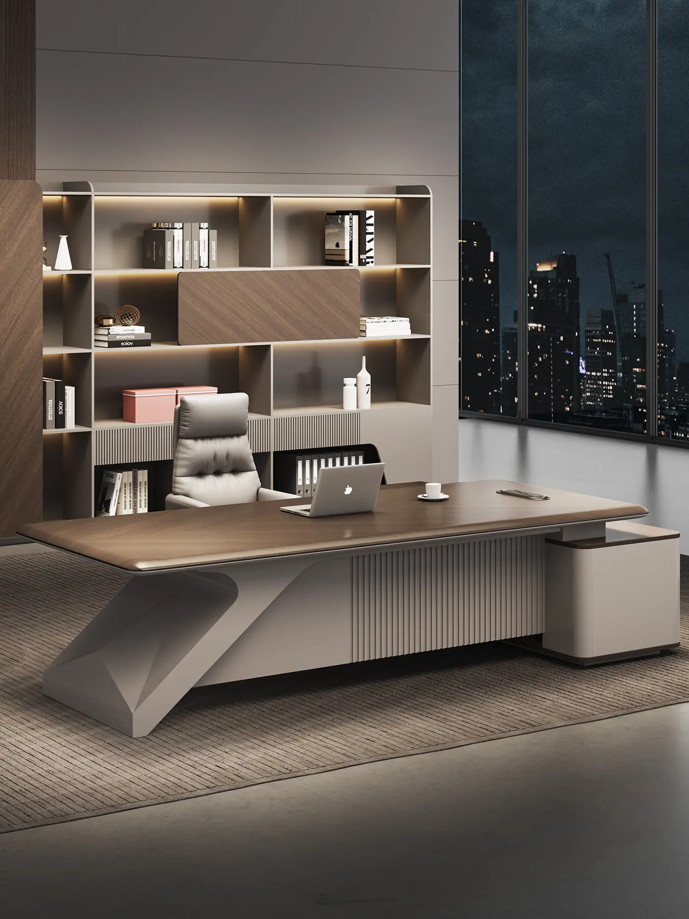 *Modern Light-Luxury Customizable Executive Office Desk and Chair Set with Filing Cabinet Storage Long-Shaped Minimalist Design