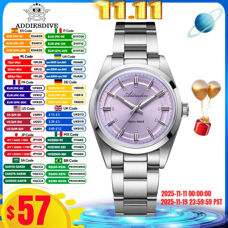 

ADDIESDIVE 36 мм AD2515 Мужские часы Reloj Hombre BGW9 Светящееся пузырьковое зеркальное стекло Нержавеющая сталь 316L 100 м Дайвер Кварцевые часы