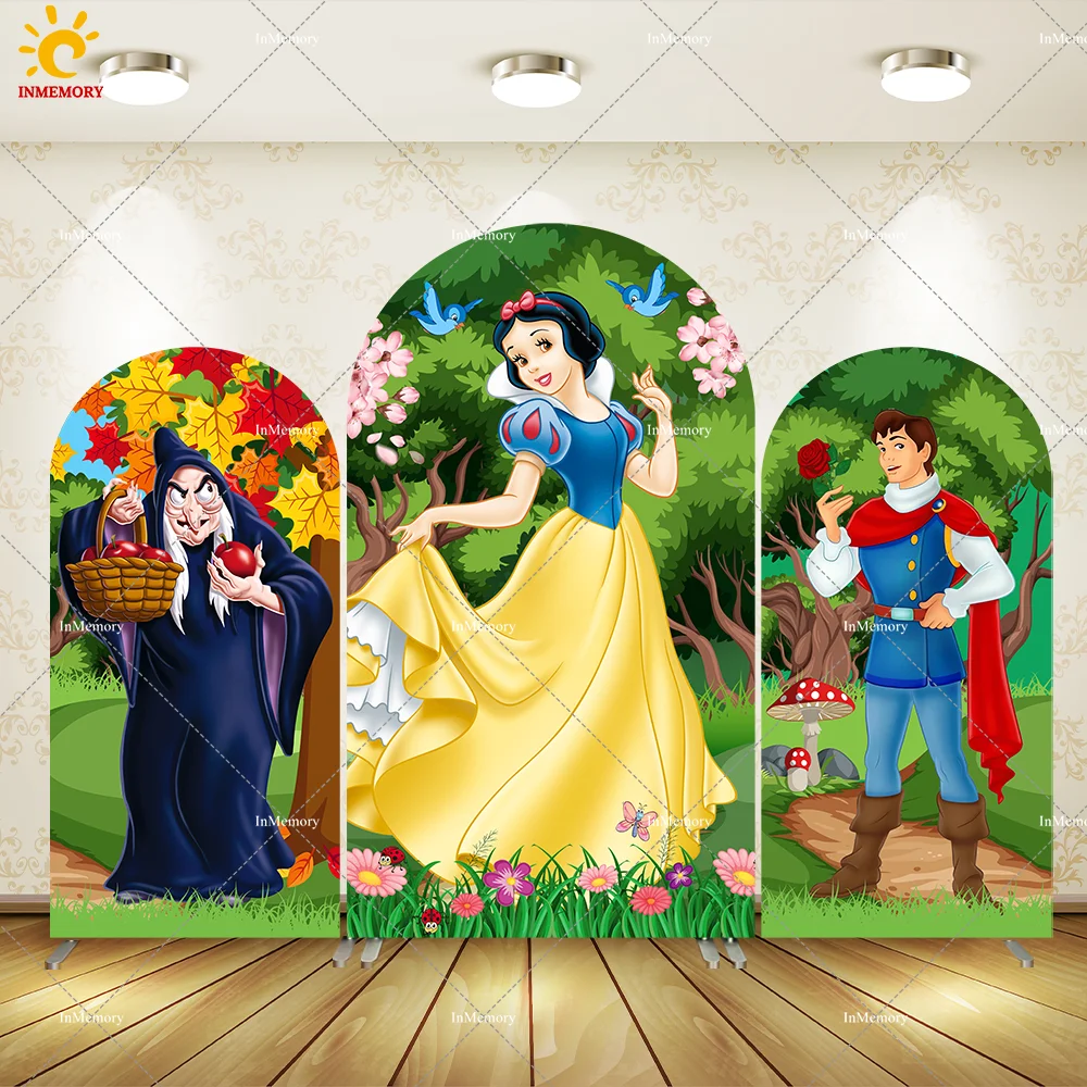 

2-Sided Disney Prince and Snow White Birthday Party Arch Backdrop Wall Forest Girls Baby Shower Decor Arched Cover Background