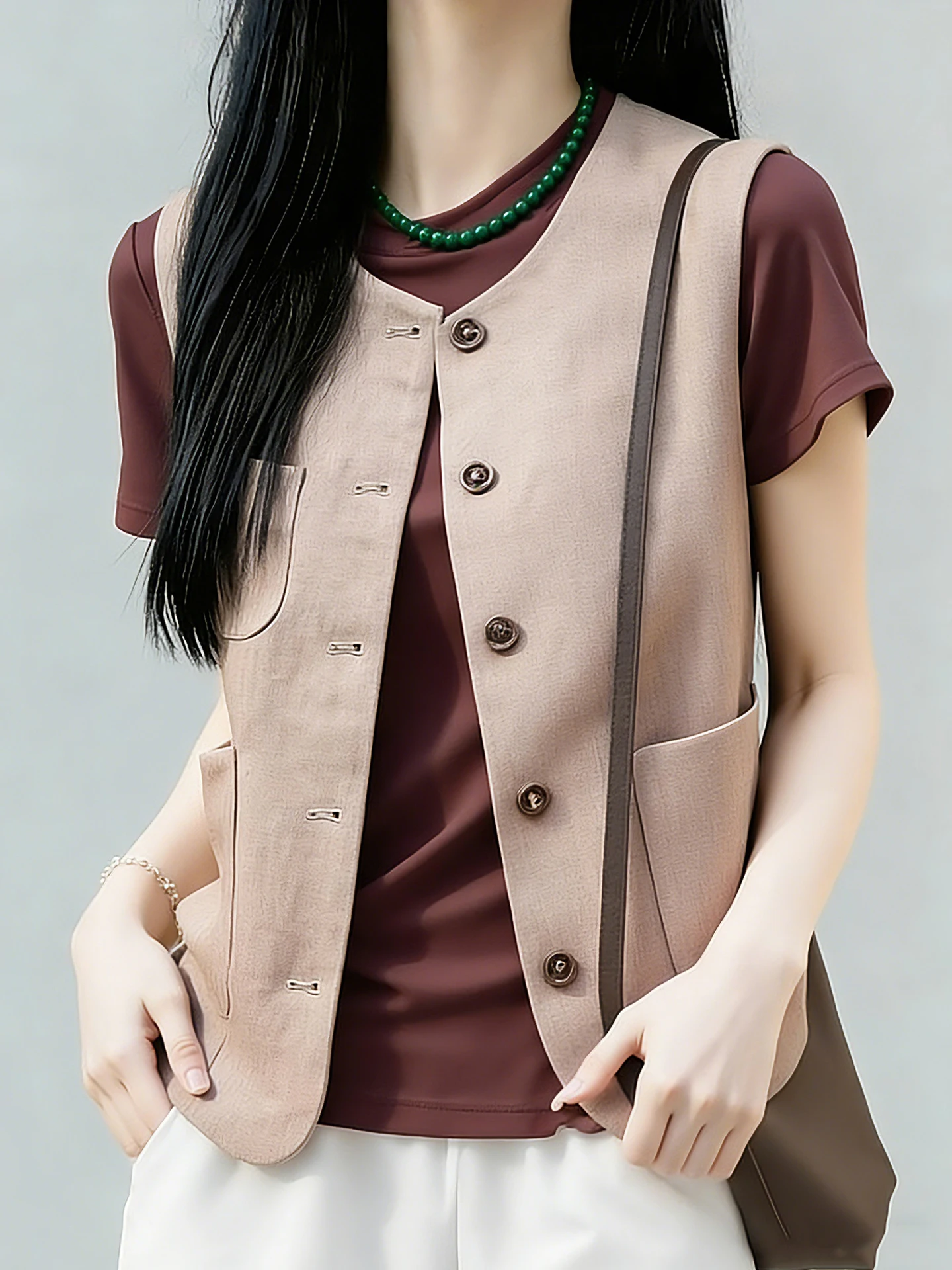 

Fashionable Layered Sleeveless Vest Commute Versatile Spring Summer Single Button Design Elegant Artistic Women's Jacket