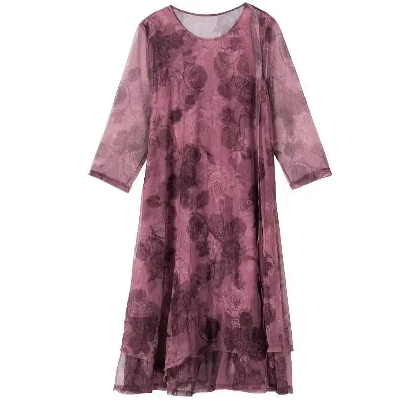 Women's Dusty Rose Floral Print Chiffon Maxi Dress Round Neck Half-Sleeve Loose Layered Dress For Elegant Casual Daily Wear