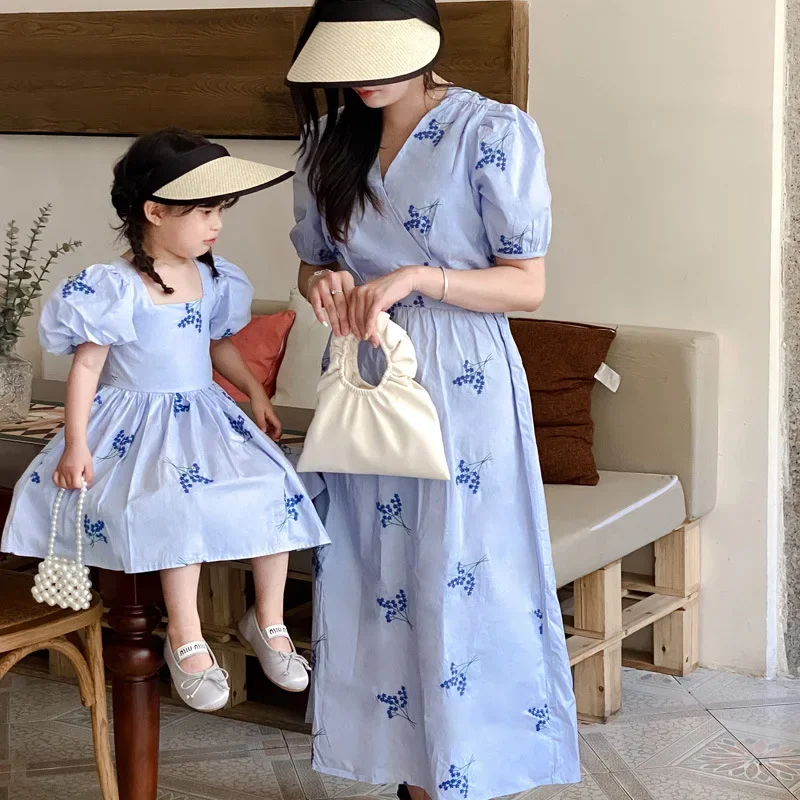 Mom and Baby Girl Princess Dress Like Mother Like Daughter Dresses Elegant and Pretty Same for Women\'s Blue Short Sleeve Frocks