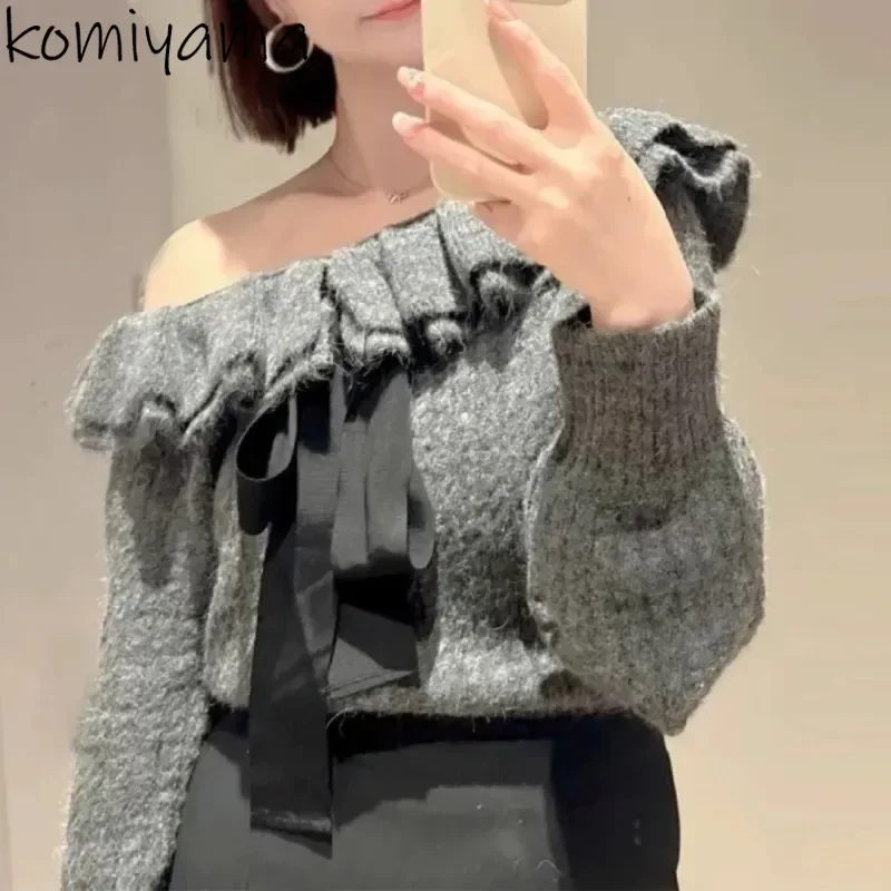 Off Shoulder 2024 Woman Sweater Bow Ruffles Ropa Mujer Japan Knit Outerwears Fall Clothes Women Twist Long Sleeve Pullovers