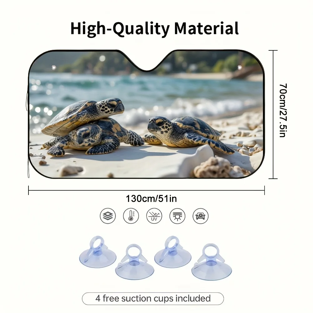 1pc Beach Turtle Trio Car Sun Visor - Fit 2D Flat Printing Design With 3 Turtles & Beach Scene, Instant Heat Relief For Stop-and