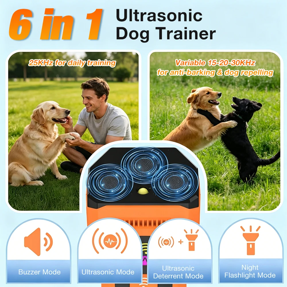6 in 1 Pet Dog Repeller 50FT Ultrasonic Dog Training Device 6 in 1 Pet Dog Anti Dog Bark Deterrent Correct Pet Behavior with LED