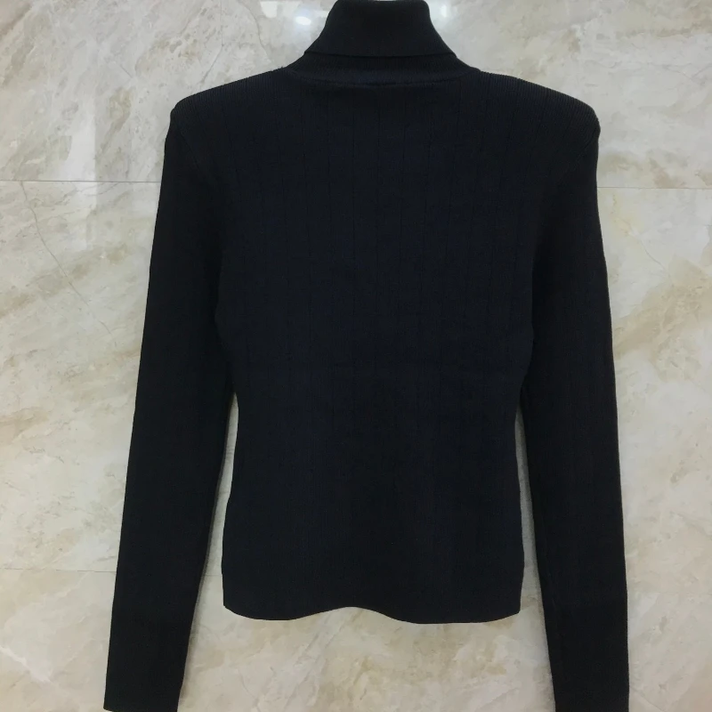 2023 New Autumn Turtleneck Slim Fit Black Blue White Office Lady Golden Button Long Sleeve Sweaters