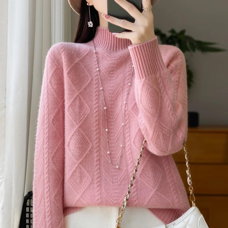 Autumn and winter new 100% pure wool padded women's semi-turtle neck loose jacquard knit top cashmere sweater