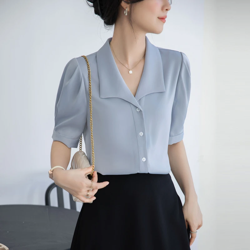 

Office Lady Solid Basics Shirts Tops for Women 2025 Summer Korea Elegant Satin Blouse Femal Fashion Clothing