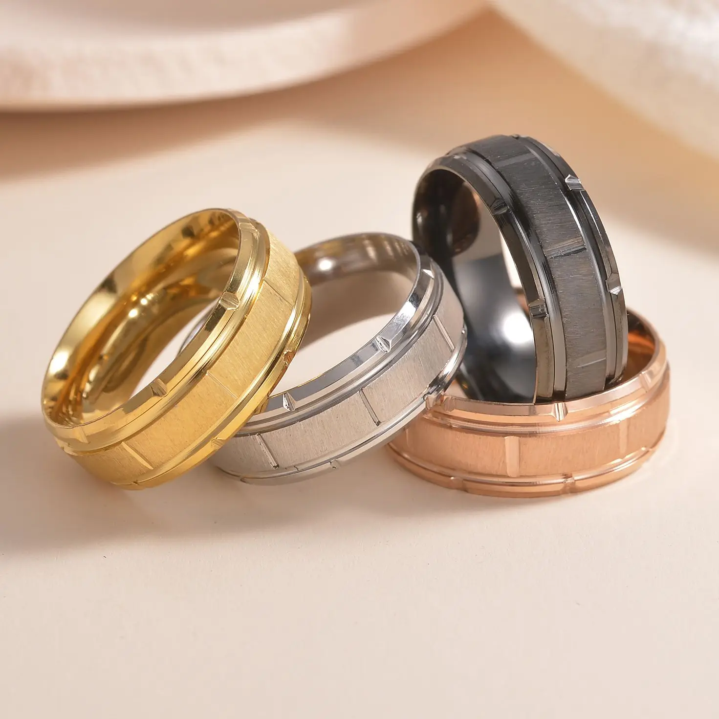 Men's 8MM Stainless Steel Grooved Ring For Men Women Simple Style Cool Beveled Ring Male Party Jewelry Gift